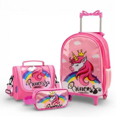 Imagem de Kit Mochila de Rodinha Escolar Unicórnio Princesa Infantil Feminino + 