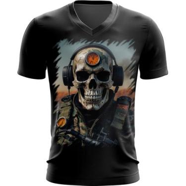 Imagem de Camiseta Gola V Caveira Militar Logo Guerra 4 - Kasubeck Store®, Baby 