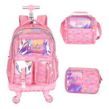 Imagem de Kit Mochila Rodinhas C/ Led Original Barbie Com Chaveiro -, Rosa
