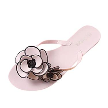 Imagem de Chinelos florais para uso ao ar livre chinelos praia moda casual feminina flip chinelo feminino sandálias boas vibrações, rosa, 7.5