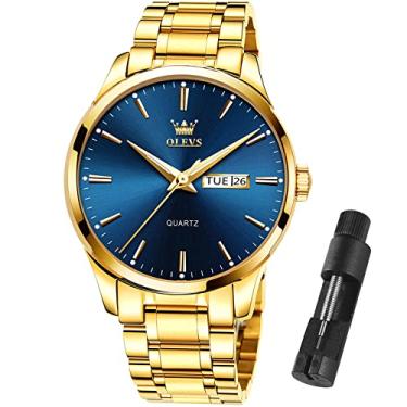 Imagem de Relógio masculino OLEVS Day and Date com relógio de pulso masculino à prova d'água e analógico, relógio de quartzo de aço inoxidável, clássico, relógio de pulso romano, Men Watch-Gold Steel Band