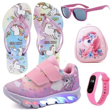 Imagem de Tenis Infantil De Led Unicornio Calce Facil Meninas LIGHT + Mochila Chinelo Oculos Relogio Cor:Rosa;Tamanho:29