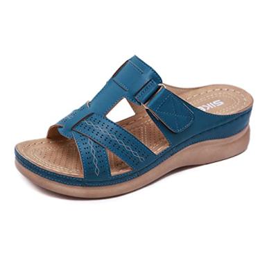 Imagem de Sandálias para mulheres senhoras verão novo verão clássico couro costurado anabela sandálias femininas moda sandálias femininas (azul, 6,5)