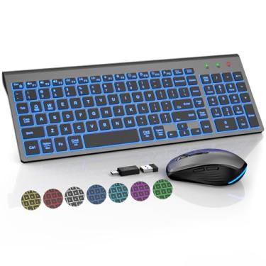 Imagem de Teclado e mouse sem fio retroiluminados, teclado ultra fino e silencioso com mouse RGB, recarregável, compacto, modo de suspensão, combo de teclado portátil sem fio para Mac, Windows, laptop, PC