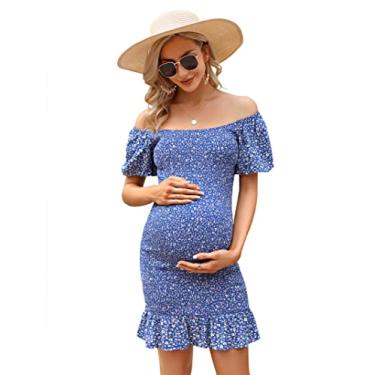 Imagem de FUNJULY Vestido feminino de maternidade com bainha com babados e decote quadrado, manga bufante, ombro de fora, vestido de verão para gestantes, Azul-celeste, G