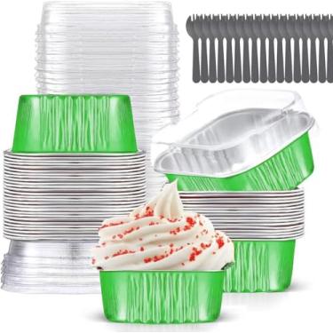 Imagem de Mini formas de bolo com tampas (283,5 g, 40 unidades) 10 x 10 cm folha de alumínio quadrados forros de cupcake copos de brownie, forma de cupcake grande descartável, ramequins de estanho de muffin