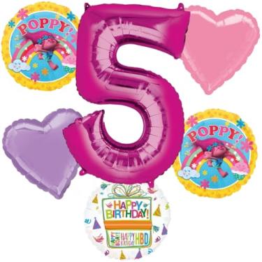 Imagem de Trolls Poppy 5th Birthday Party Supplies Balloon Bouquet Decorations 6pc