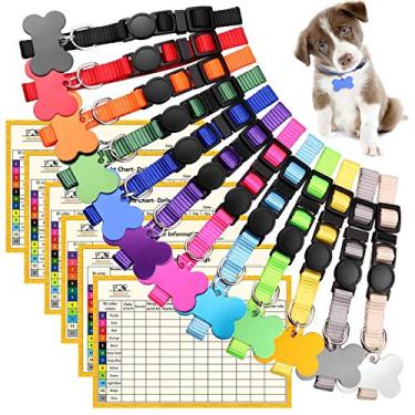 Imagem de Coleiras para filhotes de cachorro atualizadas para coleiras de identificação de filhote de areia suprimentos de apalheia, coleiras coloridas de nylon macio com 12 etiquetas de identificação e 6 tabelas de manutenção de discos (M)