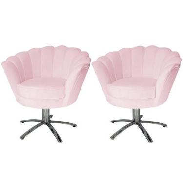 Imagem de Kit 2 Poltronas Decorativa Pétala Base Giratória Metal Suede Rosa Bebê