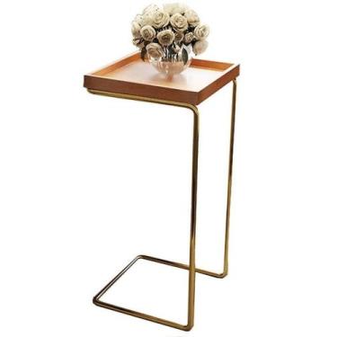 Imagem de Mesa Apoio Lateral Auxiliar Para Sofá Madeira Pé Dourado - Loja da Fáb