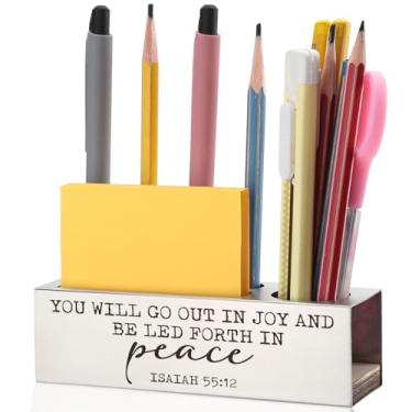 Imagem de Suporte para caneta e lápis com versículo bíblico Isaías 55:12, You Will Go Out in Joy, acessório de mesa, presente de agradecimento espiritual cristão, suporte de lápis de aço inoxidável para