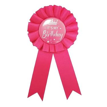 Imagem de Fita It's My Birthday Ribbon, fita de aniversário da rainha, tecido de cetim, alfinete de crachá de placa de flandres de feliz aniversário para mulheres, homens, meninas, meninos, broche de roseta de prêmio, decorações de festa, Acrílico, Sem pedras preciosas
