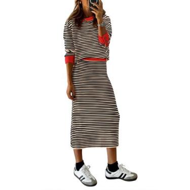 Imagem de Conjunto de Suéter e Saia Midi Listrada Bege PRETTYGARDEN - Moda Femin