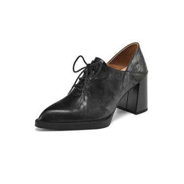 Imagem de TinaCus Sapato Oxford feminino de couro genuíno com cadarço e bico fino, salto alto empilhado, Preto, 37