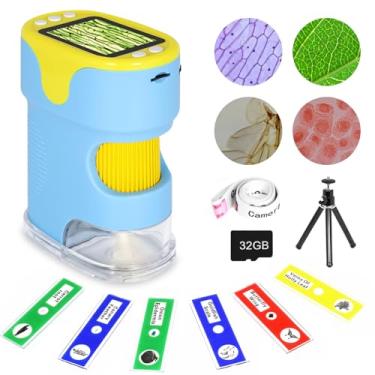 Imagem de kozyone Microscópio digital portátil para crianças com tela HD de 5 cm, microscópio de bolso de 200 ~ 1000x, kit inicial com 6 slides aleatórios de amostras e cartão SD de 32 G incluído, presente