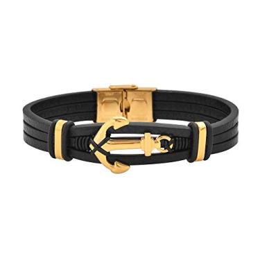 Imagem de Magna Steel Pulseira masculina de couro genuíno com pingente de âncora de aço inoxidável, 8 inches, Couro