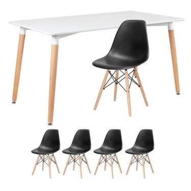 Imagem de Kit - Mesa Retangular Eames 80 X 140 Cm + 4 Cadeiras Dsw Mesa Branco Com Cadeiras Preto Mesa Branco Com Cadeiras Preto
