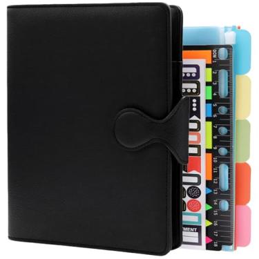 Imagem de HXRTANGS Caderno de couro PU A5, fichário de 6 anéis, caderno de negócios recarregável de folhas soltas com bolsos/suporte de caneta/acessórios, papel forrado de 100 g/m², 80 folhas/160 páginas, preto