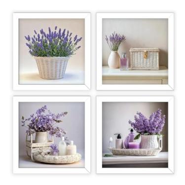 Imagem de Kit 4 Quadros 24x24 cm banheiro, lavabo, flores lilás, vidro (Branco)