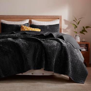 Imagem de LEAONME Colcha de veludo California King Size 295 x 266 cm, conjunto de edredom de veludo preto leve com 2 fronhas combinando, colcha de cama de ponto cruz macio, conjunto de cama king grande para