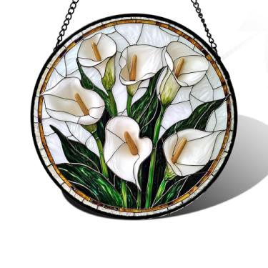 Imagem de DASTOLL Pendurado em vitral, flores de lírio de calla brancas, painel de vidro, apanhador de sol, decoração de aniversário para mulheres, homens, esposa, tia e mãe, 19,8 cm