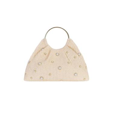 Imagem de MakeMeChic Bolsa feminina com contas de palha franzida com alça redonda bolsa clutch, Bege, One Size