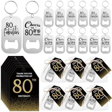 Imagem de Tioncy Conjunto de 50 lembrancinhas de festa de aniversário de 80 anos chaveiro abridor de cerveja com cartões de agradecimento bolsa de organza lembranças de aniversário para convidados decorações de
