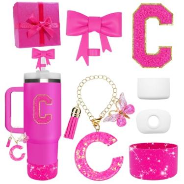 Imagem de Miglaja Acessórios pretos para copos Stanley 850.5 g 1,134.0 g, todos os acessórios caixa de presente contêm topo de palha de flor, bota de silicone, adesivos de letras e pingentes, conjunto de tampa