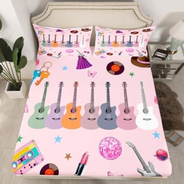 Imagem de jejeloiu Jogo de cama feminino com violão, música, cantora, rosa, estética, moderna, discoteca, borboleta, lençol com elástico alto, 3 peças (sem lençol de cima)