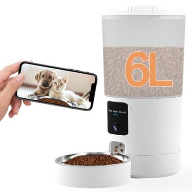Imagem de Alimentador automático para gatos com câmera 2K: alimentador automático para cães WiFi 5G com visão noturna, dispensador de comida de gato com recipiente grande de armazenamento de alimentos de 6L,