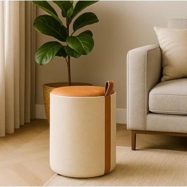 Imagem de Puff Linho Bege com Couro Marrom