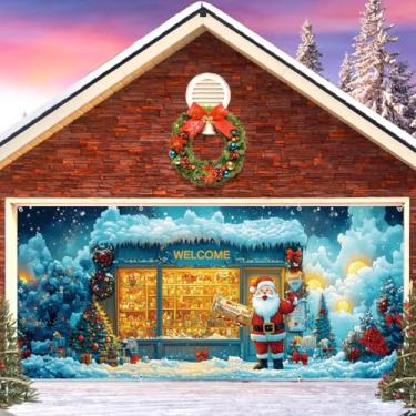 Imagem de Decorações de cobertura de porta de garagem de Natal 2,1 x 4,9 m poliéster Bem-vindo à loja de brinquedos do Papai Noel faixa de capa de porta de garagem para férias em família, ano novo, festa de
