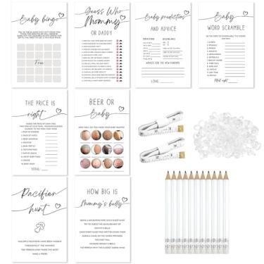 Imagem de Honoson Jogos simples de chá de bebê branco para 50 convidados, 8 jogos incluem bingo de chá de bebê, adivinhe quem é a mamãe ou papai, confusão de palavras, qual é o tamanho da barriga da mamãe, caça