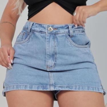 Imagem de Short Saia Feminino Jeans Casual com Abertura Lateral e Cintura Alta -