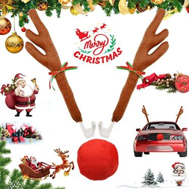 Imagem de Decorações de carro de Natal, chifres de rena e nariz com sinos para janela superior e grade frontal, decorações de Natal de veículos
