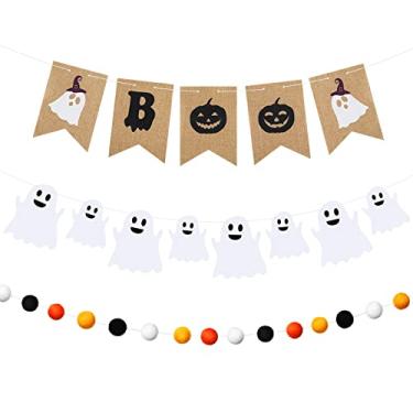 Imagem de Banner de Halloween 3 peças de banner de juta Boo guirlanda de feltro decoração fantasma branco laranja e preto decorações de halloween penduradas ao ar livre para festa Halloween aniversário lareira decorações de carnaval