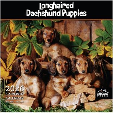 Imagem de Calendário de parede MICASA Dachshund Puppies de pelo comprido 2026 12 meses | Abertura de 30,5 cm x 61 cm | Papel grosso e resistente | Presente | Calendário 2026