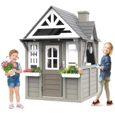 Imagem de Casa com Quintal Seizeen, em Pinheiro Cinza Moderno, com Pia, Fogão, Utensílios e Suportes para Vasos de Plantas - 120cm