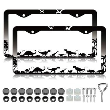Imagem de Molduras de placa de licença de silhueta de dinossauros - pacote com 2 suportes de placa de carro personalizados de dinossauro, molduras decorativas de carro à prova de ferrugem de metal de alumínio