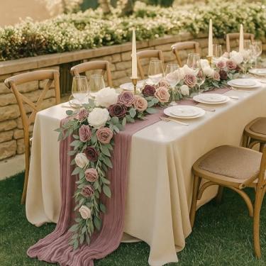 Imagem de Yuxung Flores de arco de casamento de 3,7 m, guirlanda de flores de rosas empoeiradas artificiais, guirlanda floral de arco extralongo para decoração de mesa, cerimônia, primavera, outono, centro de