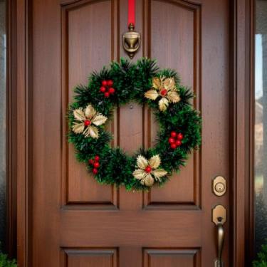 Imagem de Guirlanda Enfeite De Natal Decorativo Flores Azevinho para Porta ou Parede Natal Feliz Guirlanda Média 25cm (Dourado)