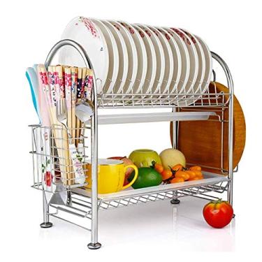 Imagem de BSNANCA Escorredor de pratos, escorredor de louça, resistente à ferrugem, cesta de utensílios de 2 camadas com tábua de corte, suporte de pauzinhos e bandeja coletora de plástico (2 camadas 40,5 x 23