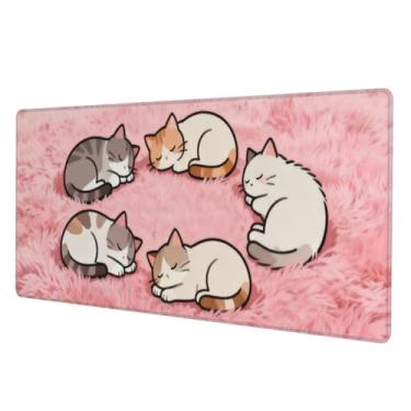 Imagem de Mouse pad fofo de gato rosa, mousepad para jogos GG estendido, tapete grande para mesa de escritório, borda costurada antiderrapante