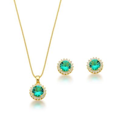 Imagem de Conjunto Colar E Brinco Ponto De Luz Verde Claro Claro Banhado A Ouro 18k
