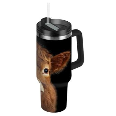 Imagem de SEHANY Copo Highland Cow de 850 g com tampa e canudo, aço inoxidável de vácuo duplo isolado garrafa de água esportiva suporte para copo de café de viagem à prova de vazamento para bebida gelada