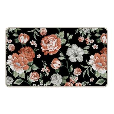 Imagem de Livcoz Tapete de porta da frente vintage floral preto de boas-vindas, tapete decorativo de flor de peônia retrô, tapete de entrada antiderrapante, para primavera, verão, discreto, interior, exterior