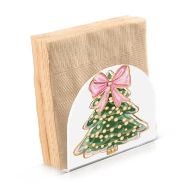 Imagem de Blueangle Suporte de guardanapo de arco rosa para árvore de Natal - decoração de mesa de acrílico à prova de vento para cozinha e casa, dispensador de lenços de férias com porta-guardanapos verticais