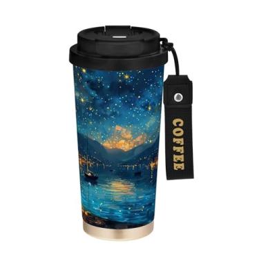 Imagem de SEHANY Caneca de café Starry Starry Night Travel de 500 ml com revestimento de cerâmica e tampa à prova de vazamento, parede dupla, isolada a vácuo, copo de aço inoxidável para bebidas quentes e frias
