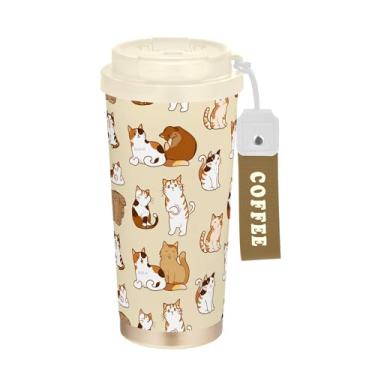 Imagem de SEHANY Caneca de viagem de gato gatinho fofo de 482 g xícaras de café reutilizáveis revestidas de cerâmica com tampa à prova de vazamento, parede dupla, isolamento a vácuo, copo de café de aço