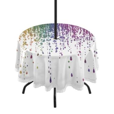 Imagem de GUIJI Toalha de mesa redonda Rainbow Glitter 3 com orifício para guarda-chuva e zíper para sala de jantar, festa, piquenique ao ar livre - 152 cm